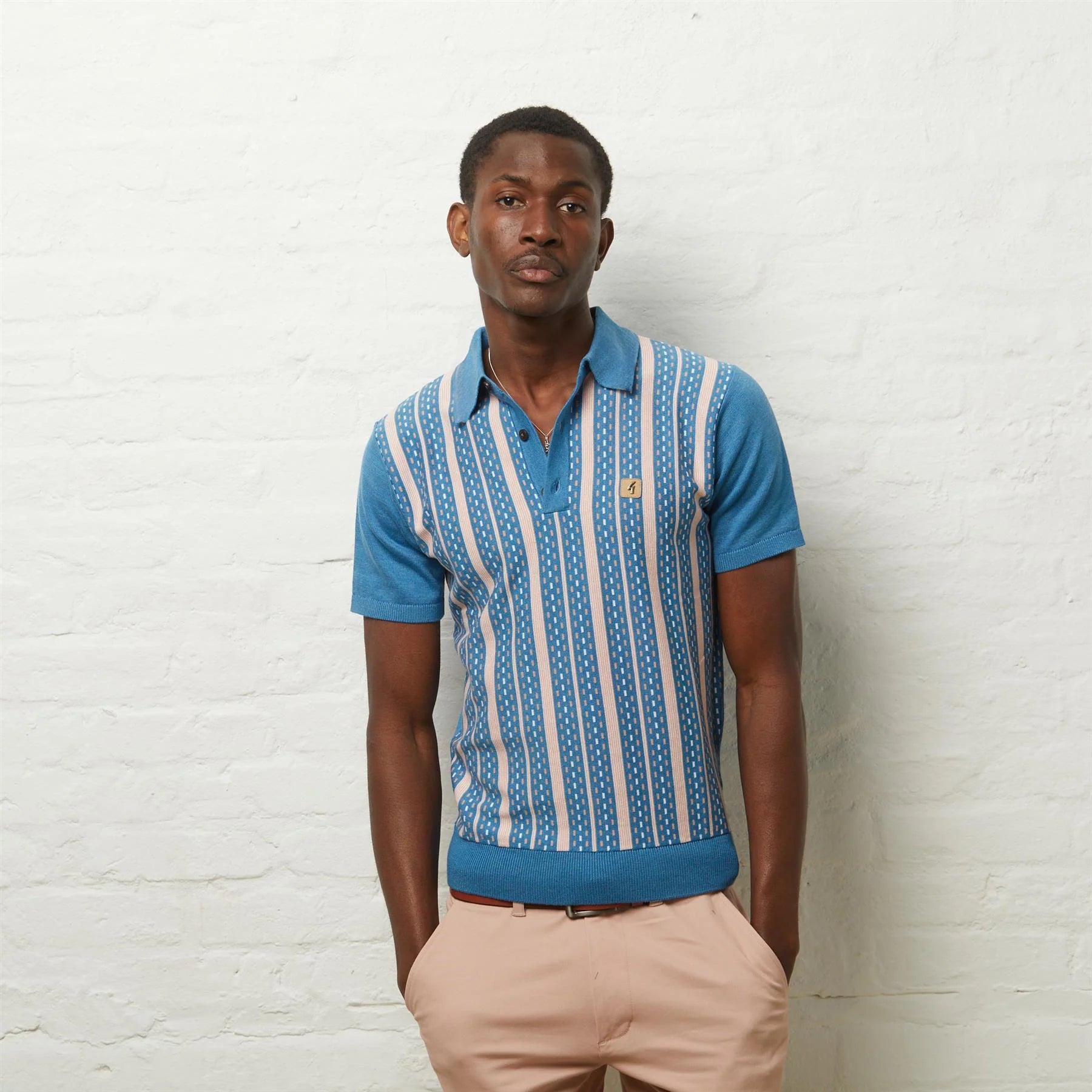 GABICCI VINTAGE Aqua Blue Striped Strick Polo -Hemd