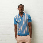 Lade das Bild in den Galerie-Viewer, GABICCI VINTAGE Aqua Blue Striped Strick Polo -Hemd
