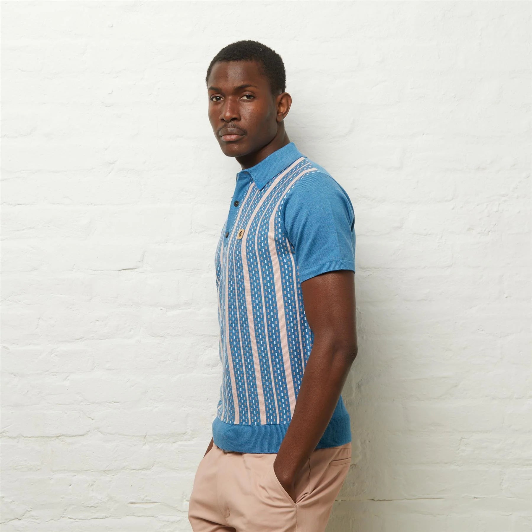 GABICCI VINTAGE Aqua Blue Striped Strick Polo -Hemd