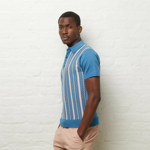 GABICCI VINTAGE Aqua Blue Striped Strick Polo -Hemd