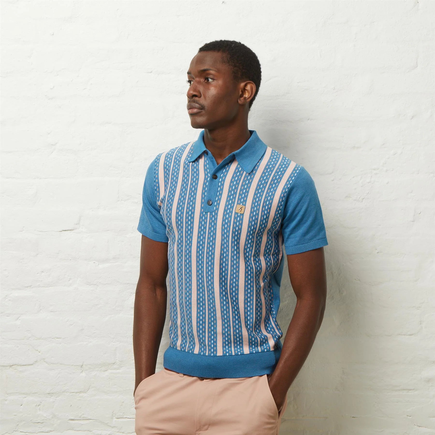 GABICCI VINTAGE Aqua Blue Striped Strick Polo -Hemd