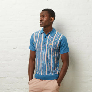 GABICCI VINTAGE Aqua Blue Striped Strick Polo -Hemd