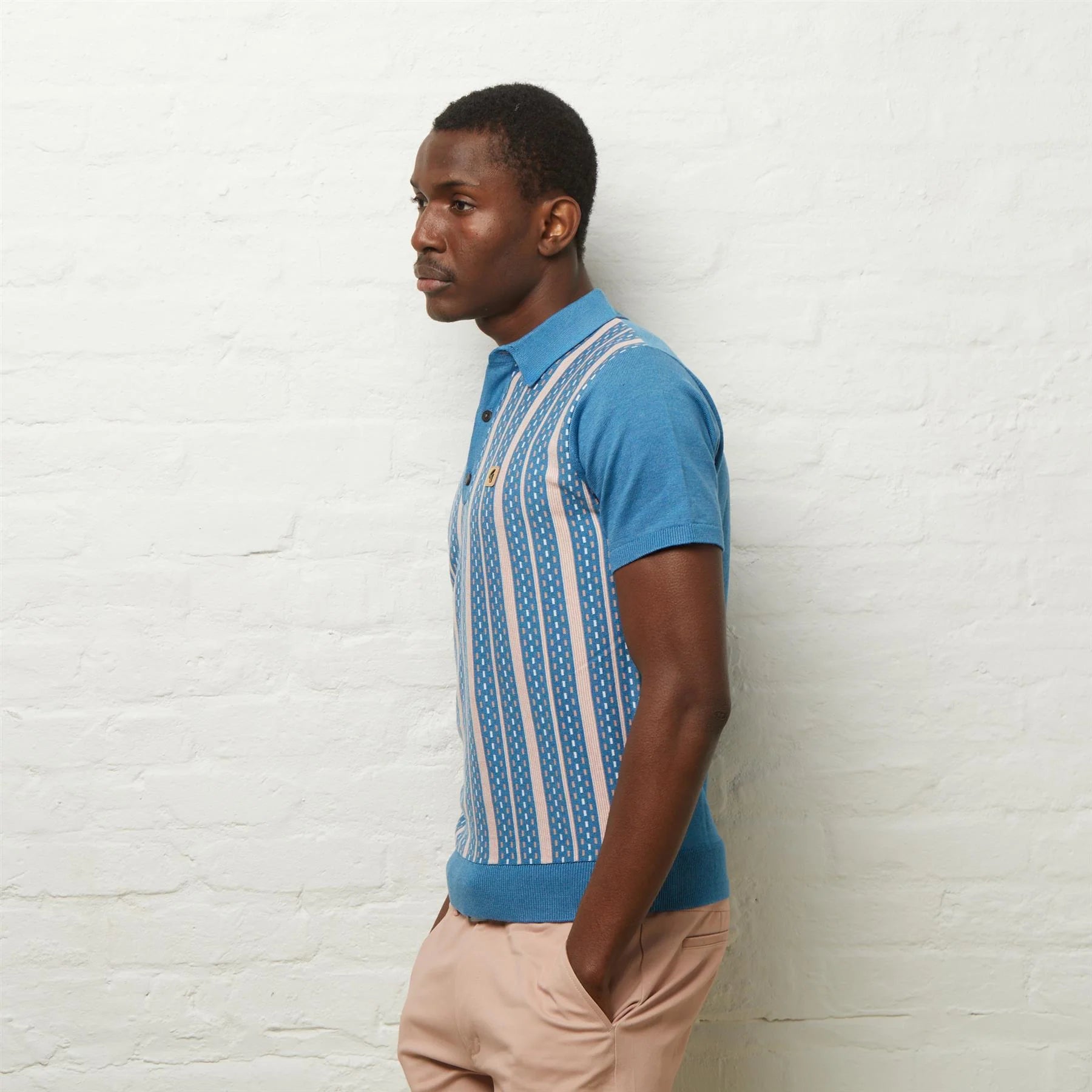 GABICCI VINTAGE Aqua Blue Striped Strick Polo -Hemd