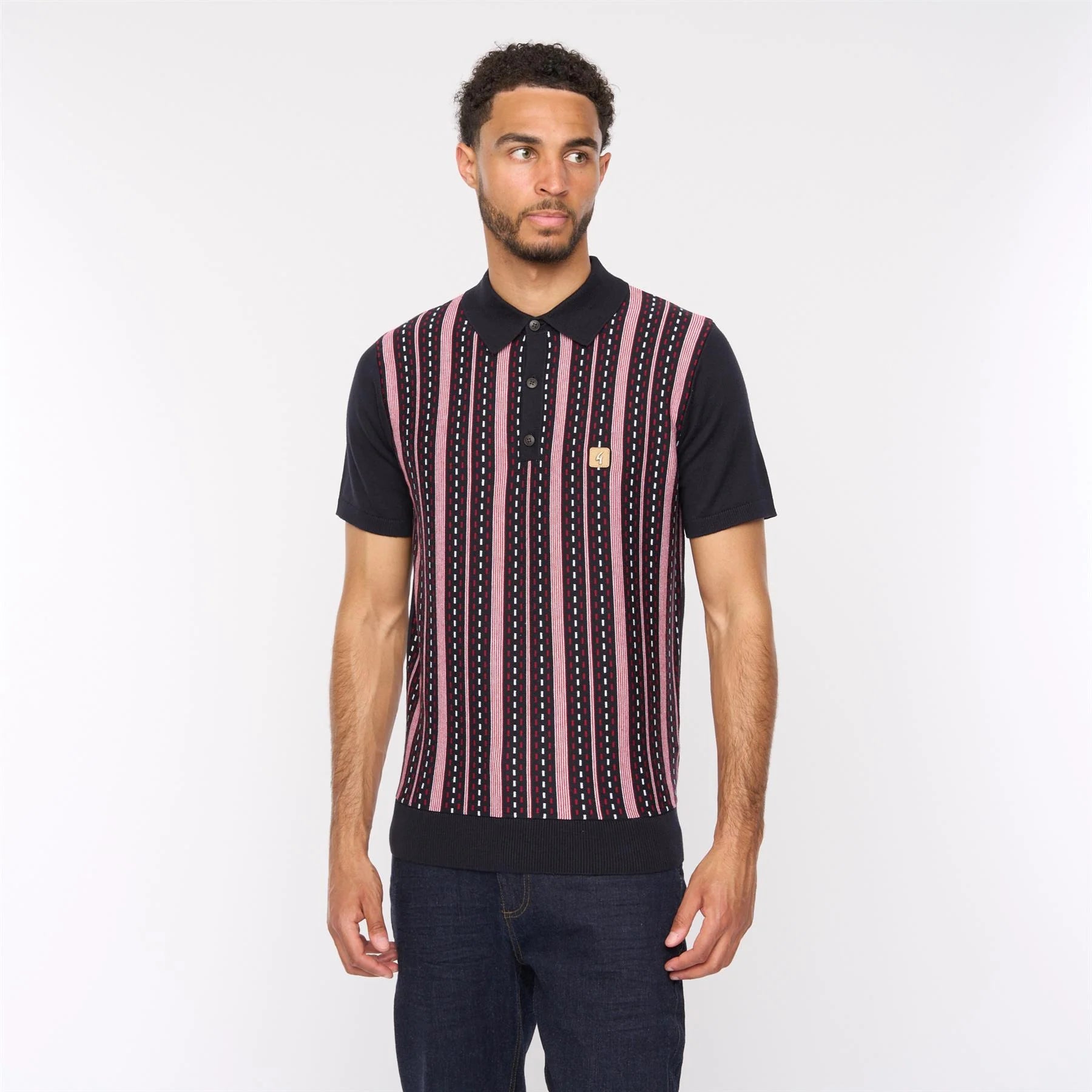 GABICCI VINTAGE Navy Blue Striped Strick Polo Hemd