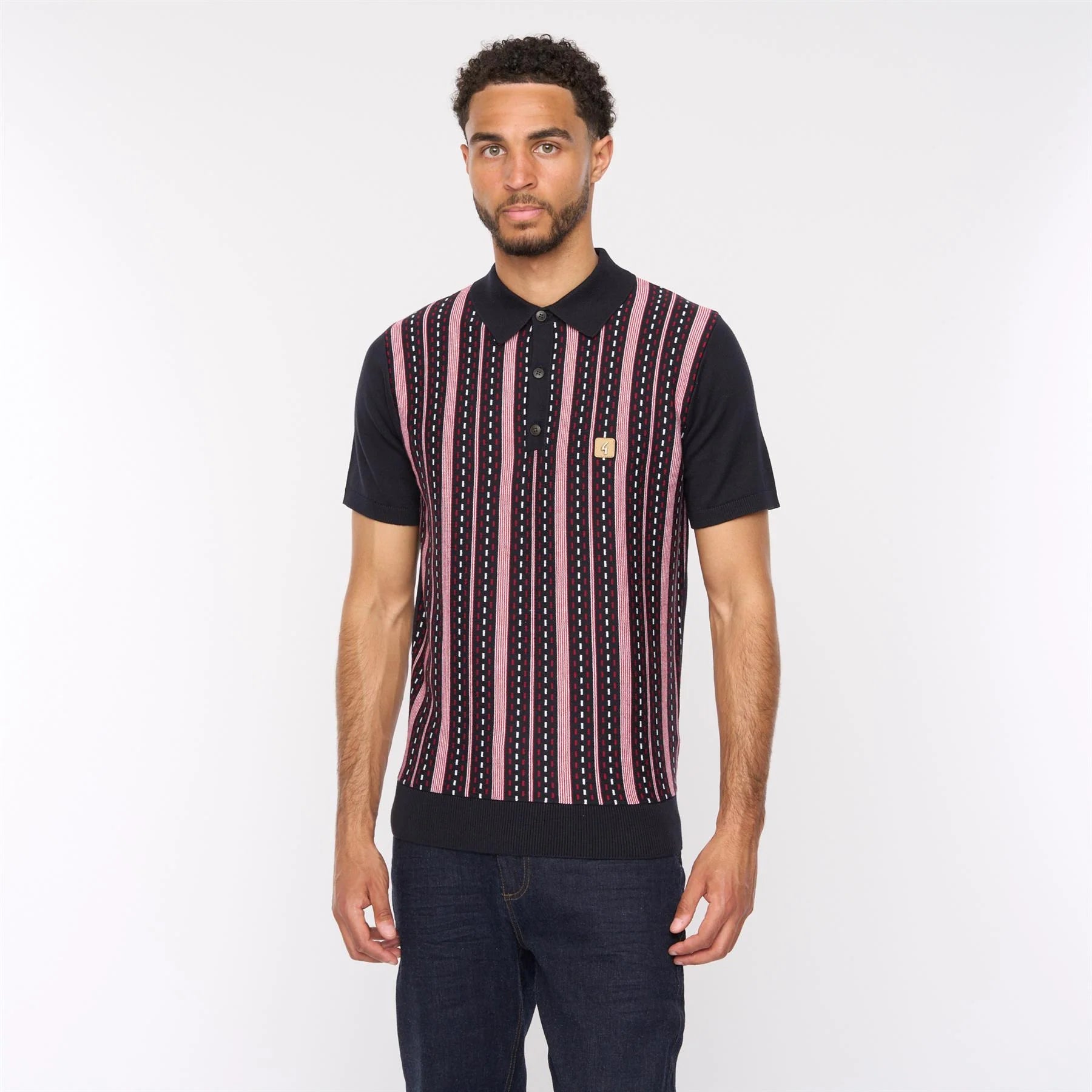 GABICCI VINTAGE Navy Blue Striped Strick Polo Hemd